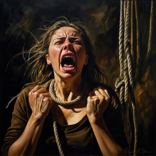 Leonardo_Kino_XL_An_oil_painting_of_a_woman_screaming_tied_wit_3
