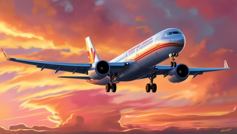 Crear la imagen de un avión despegando con un amanecer de fondo increíble